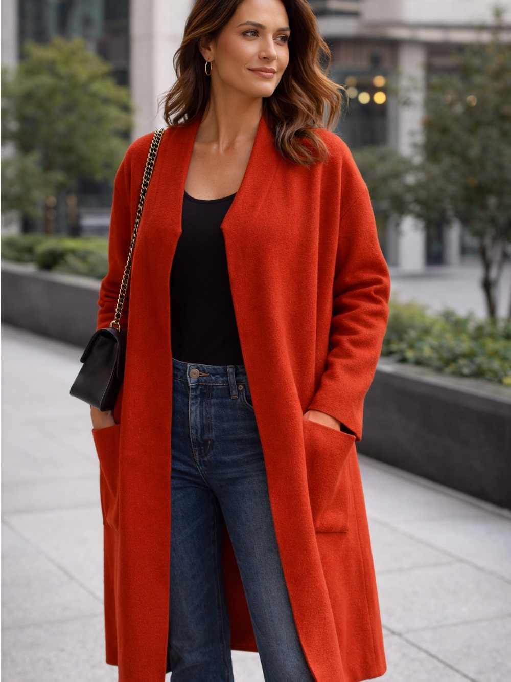 Maje Open‑Front Long Cardigan Coat - Red Orange OSFM